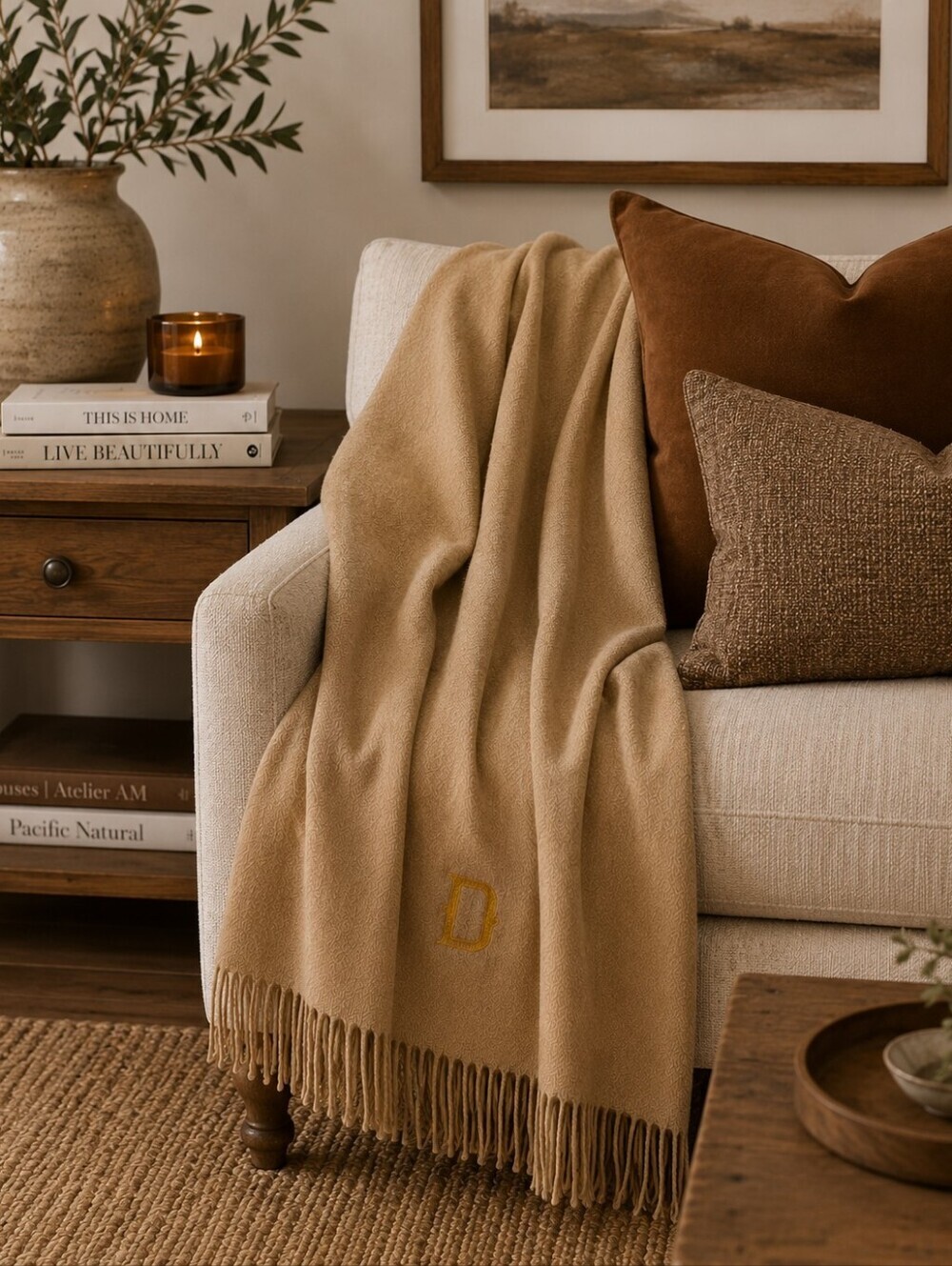 Alpaca Throw Blanket Fringe Tan Monogram D Luxury Soft Warm